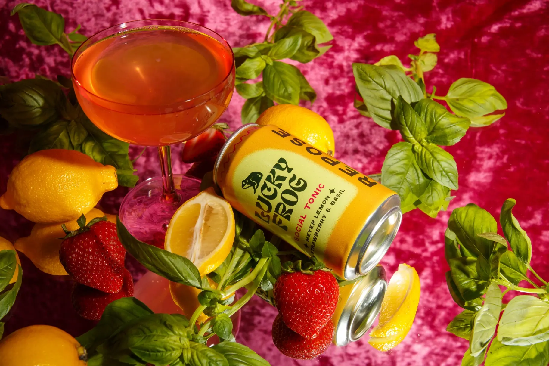 Lucky Frog Meyer Lemon Strawberry & Basil with fresh fruit, basil and a sparkling tonic